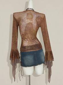 SHEIN ICON Women's Retro Sexy Bohemian Style Y2K Millennial Style Red Paisley Pattern Front Tie Splicing Wool Top Metal Eyelets Multi-Layered Ruffled Trumpet Sleeves See-Through Mesh Slim T-Shirt