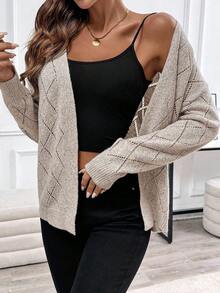 EMERY ROSE LUNE Casual Comfortable Hollow Rhombus Mesh Design Women Cardigan, Long Sleeve Top For Home, Vacation, Beach - Khaki - View 3