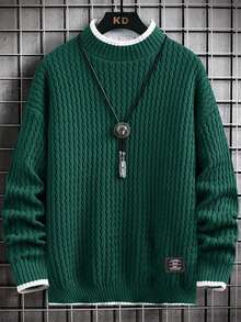 SHEIN Áo len dệt kim Jacquard họa tiết khối màu dành cho bé trai tuổi teen, thích hợp cho mùa đông, du lịch và đi học - Màu xanh lá cây đậm - Xem 7