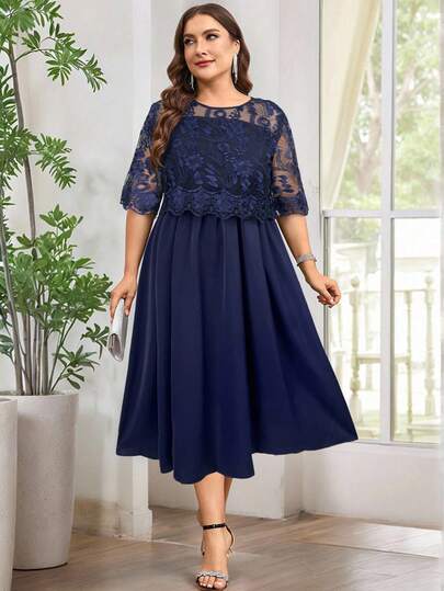 Reflora Plus Size Women Floral Embroidery Mesh Patchwork Round Neck Short Sleeve Elegant Dress