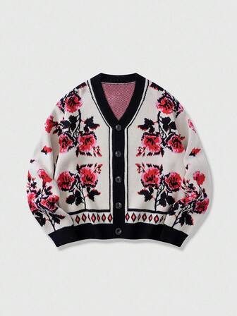 Street Life Men's Floral Pattern Cardigan, Loose Cropped Style, For Fall Winter