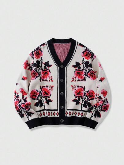Street Life Men's Floral Pattern Cardigan, Loose Cropped Style, For Fall Winter