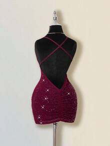 SHEIN ICON Damen Einfarbiges Kleid mit tiefem Ausschnitt und Strass-Verzierung, sexy Trägerkleid - Rot - Übersicht 1
