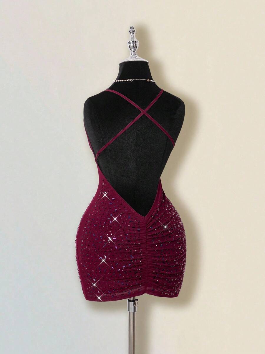 SHEIN ICON Damen Einfarbiges Kleid mit tiefem Ausschnitt und Strass-Verzierung, sexy Trägerkleid - Rot - Übersicht 1