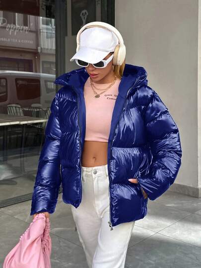 EURMUSE Shinny Hooded Zipper Detailed Quilted Women's Puffer Down Coat