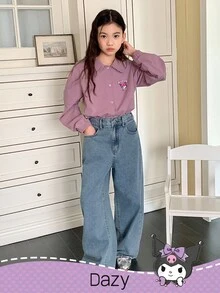 DAZY HELLO KITTY AND FRIENDS | SHEIN Tween Girl Casual Heart Patch Slant Pocket Straight Leg Jeans - Light Wash - View 5