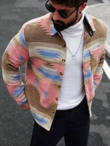 Manfinity Homme 男士几何图案长袖单排扣休闲口袋夹克，秋季 - 彩色 - 查看 5