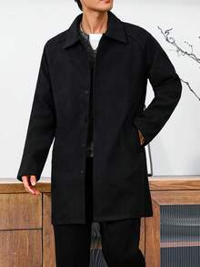 Manfinity Homme 男士休闲前襟纽扣翻领长袖夹克，秋季男士长款外套，暗黑学院风男装，男士外套，男士夹克，男士风衣 - 黑色 - 查看 5
