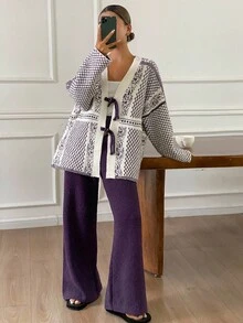 DAZY 2pcs/Set Women Knitted Loose Long Sleeve Pants Pajama Set, Autumn/Winter, Fall Clothes - Grey - View 9