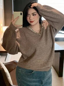 Dazy Plus V-Neck Patchwork Loose Casual Plus Size Women Pullover Sweater, Autumn/Winter School - Khaki - View 7