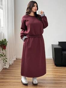 Dazy Plus 两件套加大码休闲运动卫衣和半身裙，撞色拼接，宽松版型，保暖内衬，适合圣诞节和新年穿着，秋冬季保暖两件套 - 酒紅色 - 查看 8