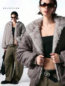 LYSMO SELECTION2025 Autumn And Winter New Women's Fashion Double-Sided Zipper Front Furry Hooded Thick Gray Coat, Winter Wear, Street Wear, Christmas, Halloween, Going Out - Grey - View 9