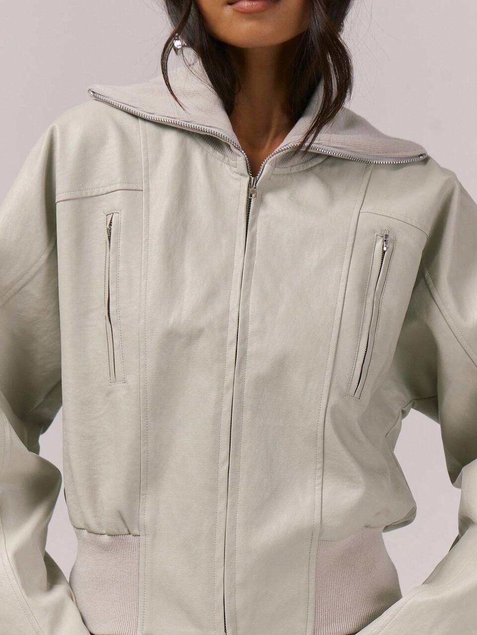 Thick Rib Foldover Collar Cinched Waist Faux Leather Jacket Night Out Winter Back To School Everyday Outerwear
