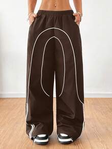 Coolane 女童返校运动休闲梭织带黑色阔腿运动慢跑裤 - 棕色 - 查看 5