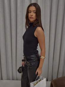 MUSERA High Neck Fitted Knit Racer Tank Top Streetwear Cute Classy Casual Sexy Going Out Toffee Evening Party Elegant   Spring - Black - View 4