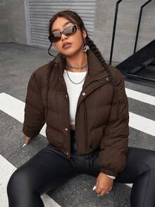 SHEIN EZwear 大码休闲抽绳下摆短款夹克，百搭秋冬 - 棕色 - 查看 4