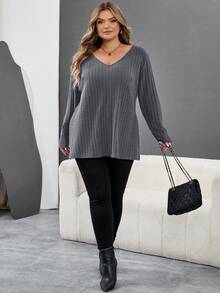 SHEIN CURVE+ Áo thun cổ chữ V viền gân màu xanh cỡ lớn, quần áo thu đông cho nữ, mùa đông, CONG CỠ LỚN/Mùa thu/Mùa đông - Màu xám đen - Xem 7