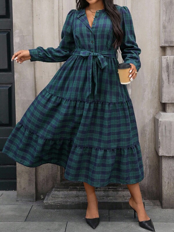 SHEIN Vintage Floral Plaid Round Neck Puff Sleeve Plus Size Women Dress,Autumn Outfits For Women,New Year Outfit,Christmas Dres
