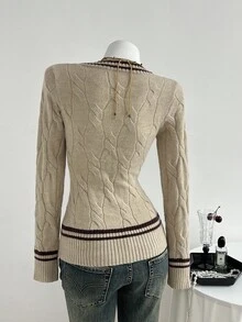 Elamini Women's Striped Long Sleeve Casual Versatile Twist Knit V-Neck Sweater, Autumn/Winter - Multicolor - View 2