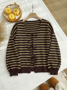 SHEIN EZwear Áo khoác cardigan dáng rộng thắt nơ kẻ sọc thường ngày cỡ lớn cho nữ, mùa thu/đông - màu xanh lá - Xem 4