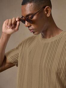 AKNOTIC Business Casual Men's Knitted Jacquard Crochet Combination Short Sleeve T-Shirt, Suitable For Summer, Vacation, Casual Wear, Party, Couple, Men's Gift, Father's Day Gift - Brown - View 4