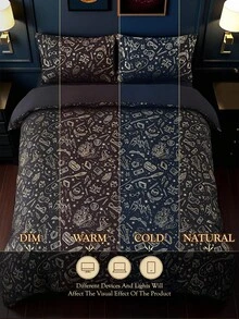 HARRY POTTER X SHEIN 3 件套金属印花羽绒被套，黑色羽绒被套，柔软舒适，温暖，可机洗，适用于单人床/双人床/大号床/特大号床、宿舍/家居 - 黑色 - 查看 12