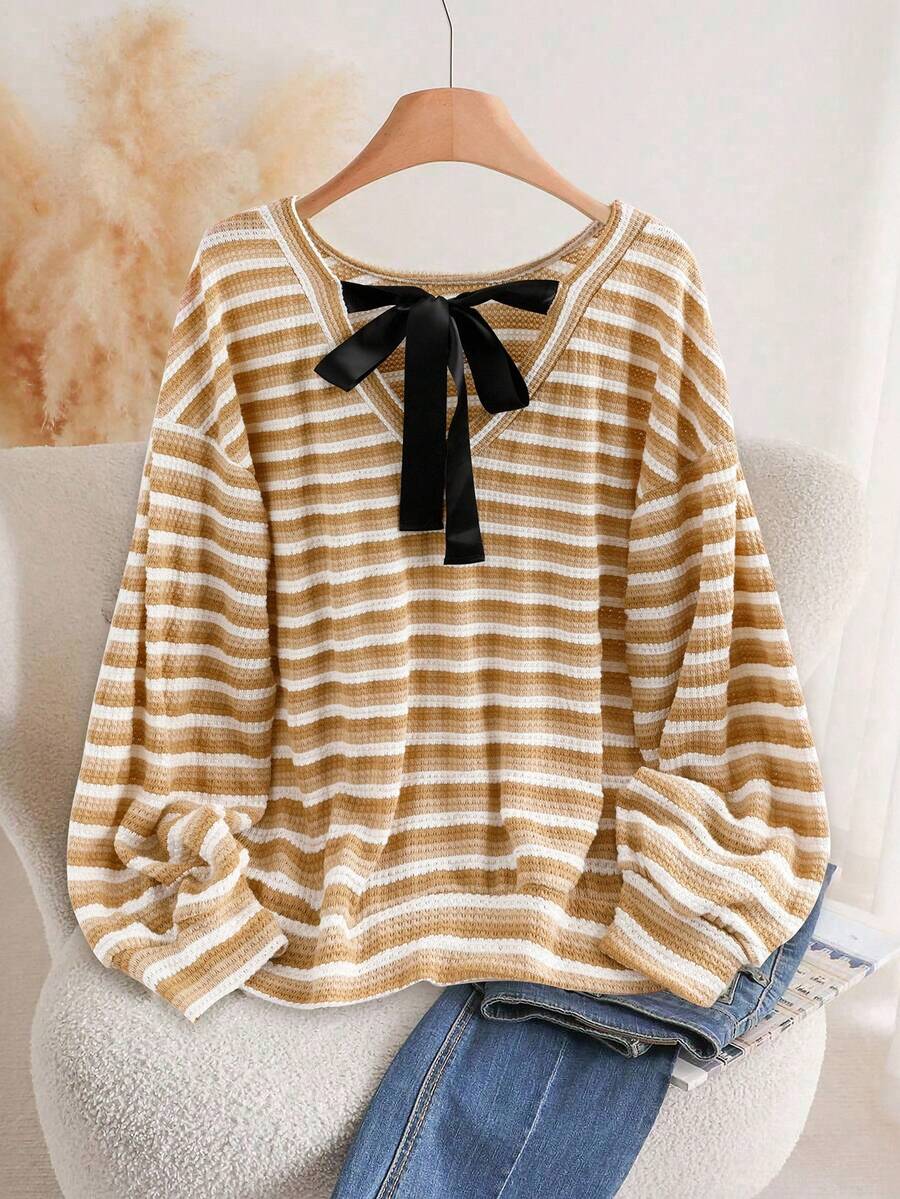 EMERY ROSE Große Größen Damen Strick T-Shirt mit Schleife, Lässig für Zuhause, Pendeln, Elegant