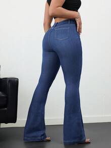 SHEIN PETITE CURVE 大码女式纽扣前袋喇叭裤休闲牛仔裤，夏季秋季返校季可爱2000年代风格卡哇伊Y2K机场休闲老钱图卢姆教师复古蓝色牛仔裤 - 中等水洗藍 - 查看 2