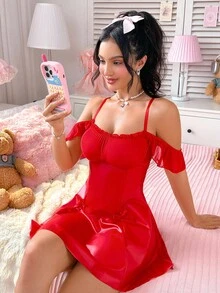 SHEIN 2件圣诞PU皮革和网眼拼接无线性感内衣套装女士 - 紅色 - 查看 4