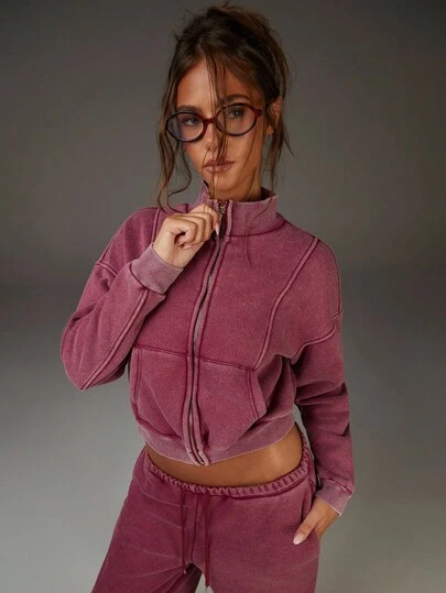 Athîral Women's Vintage Wash Magenta Ribbed Knit Jacket | Distressed Zip-Front Coat With Utility Stitching For Sporty Utility Style (Commute/Lounge/Street)Wardrobe Basic,Casual Everyday Wear,Autumn Outfits For Women,Women's Winter Jacket,Autumn/Winter,Cozy Fall And Winter Clothes For Women