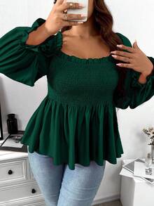 SHEIN Unity 加大方领喇叭袖荷叶边衬衫荷叶边上衣 - 綠色 - 查看 1