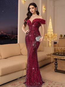 Coutiva 秋冬优雅亮片定位拼接性感单肩荷叶边下摆修身鱼尾裙正式晚礼服，适合派对穿着、婚礼嘉宾、毕业典礼 - 酒紅色 - 查看 7