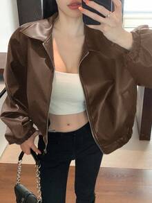 DAZY Áo khoác da PU ngắn màu nâu trơn thời trang đường phố rộng rãi cho nữ, thích hợp cho mùa thu, đông, xuân Y2k - Lạc đà - Xem 4