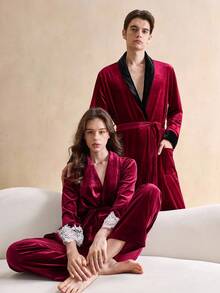 SHEIN Vintage British Style Comfortable Plush Robe, Shiny, Warm, Contrast Color, Elegant, Suitable For Lounging, Family Gathering, Open Front, Men, For Fall Winter, Christmas, Fluffy, Cozy - Red - View 3
