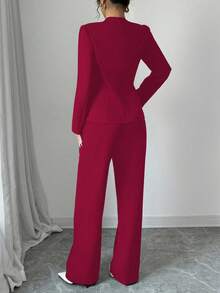 Elenzga Women's Commuter Solid Color V-Neck Slim Fit Single-Breasted Suit Set, Autumn - Burgundy - View 2