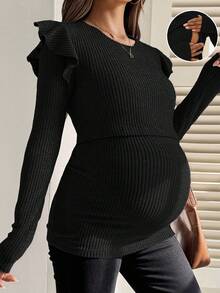 SHEIN 孕妇休闲纯色合身哺乳上衣 - 黑色 - 查看 1