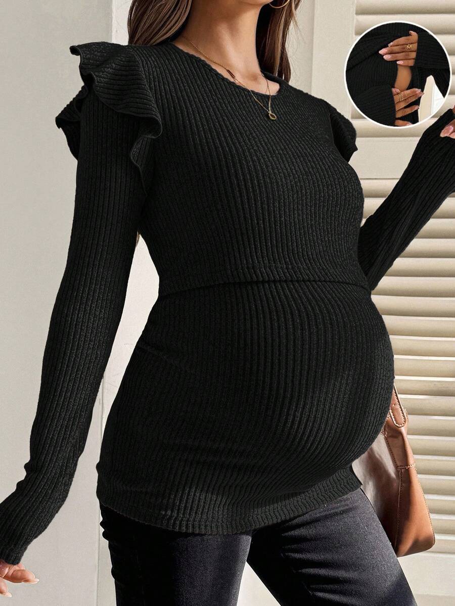 SHEIN 孕妇休闲纯色合身哺乳上衣 - 黑色 - 查看 1