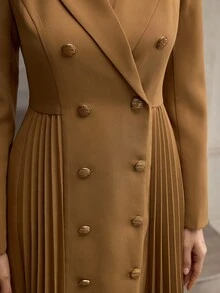 ZEYLAH 新款秋季女式长袖修身双排扣百褶职业连衣裙 - 咖啡 - 查看 2