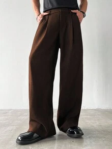 Claim Dot 男士厚阔腿裤，纯色，有口袋，褶皱，宽松，秋季 - 咖啡棕 - 查看 4