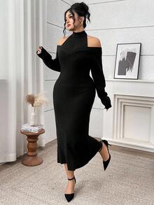 Modelyn Große Größen Elegantes Strickkleid in Unifarbe mit Trägerhals für Damen, Herbst-Winter-Kleidung, Schulterfrei - Schwarz - Übersicht 6
