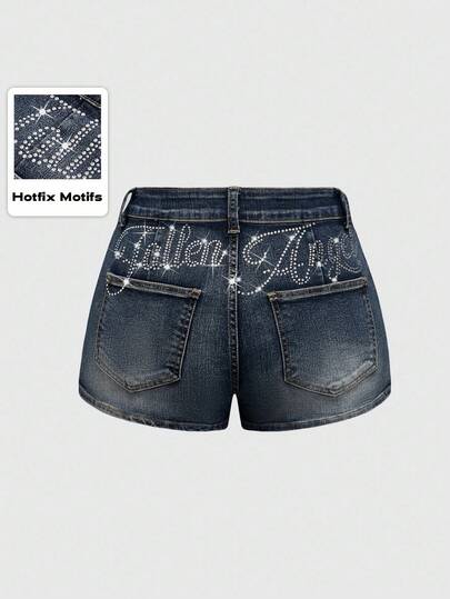 ROMWE Grunge Punk Y2K Vintage Punk Music Festival Sexy Low-Waist Distressed Rhinestone Decor Women's Low Waist Denim Shorts
