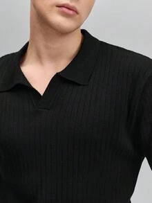 OFFICEAU Men's Long Sleeve Ribbed Knit Polo Shirt, Minimalist & Fashionable, Suitable For Daily Commute, Spring/Autumn, Fall, Old Money Spring To Summer - Black - View 5