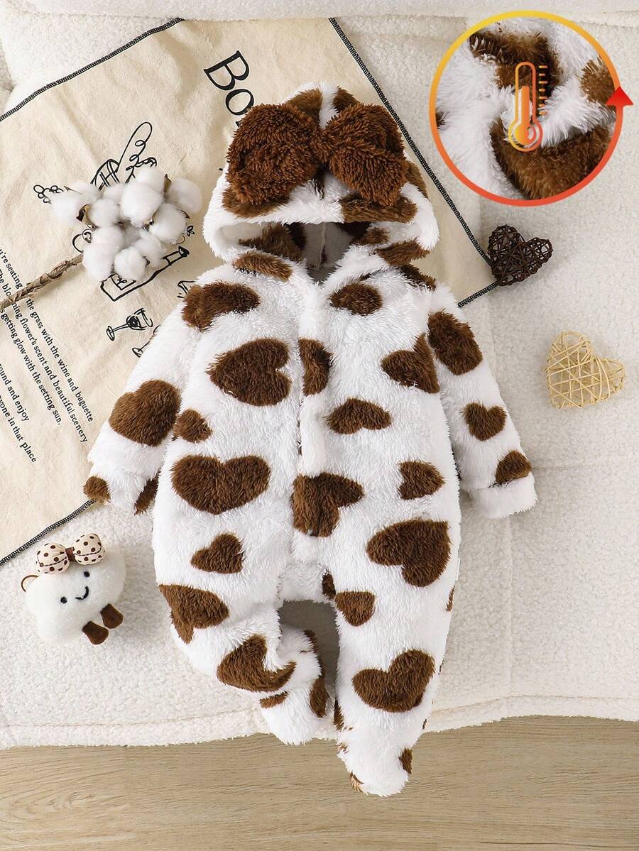 女婴咖啡棕色心形羊毛长袖连脚连体睡衣套装 - 咖啡棕 - 查看 1