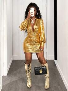 BamGleam Women's Fashionable Sexy Metallic Ruched Bodycon Mini Dress - Gold - View 5