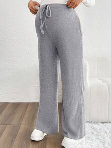 SHEIN Pantalones casuales de maternidad de unicolor, de pierna ancha, con cintura ajustable y acanalados - Gris - Ver 6