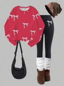 SHEIN Sparklyn Teen Girl Red Digital Print Sweatshirt With Black Bow Black Skinny Pants, Comfortable & Fitted Fall Winter