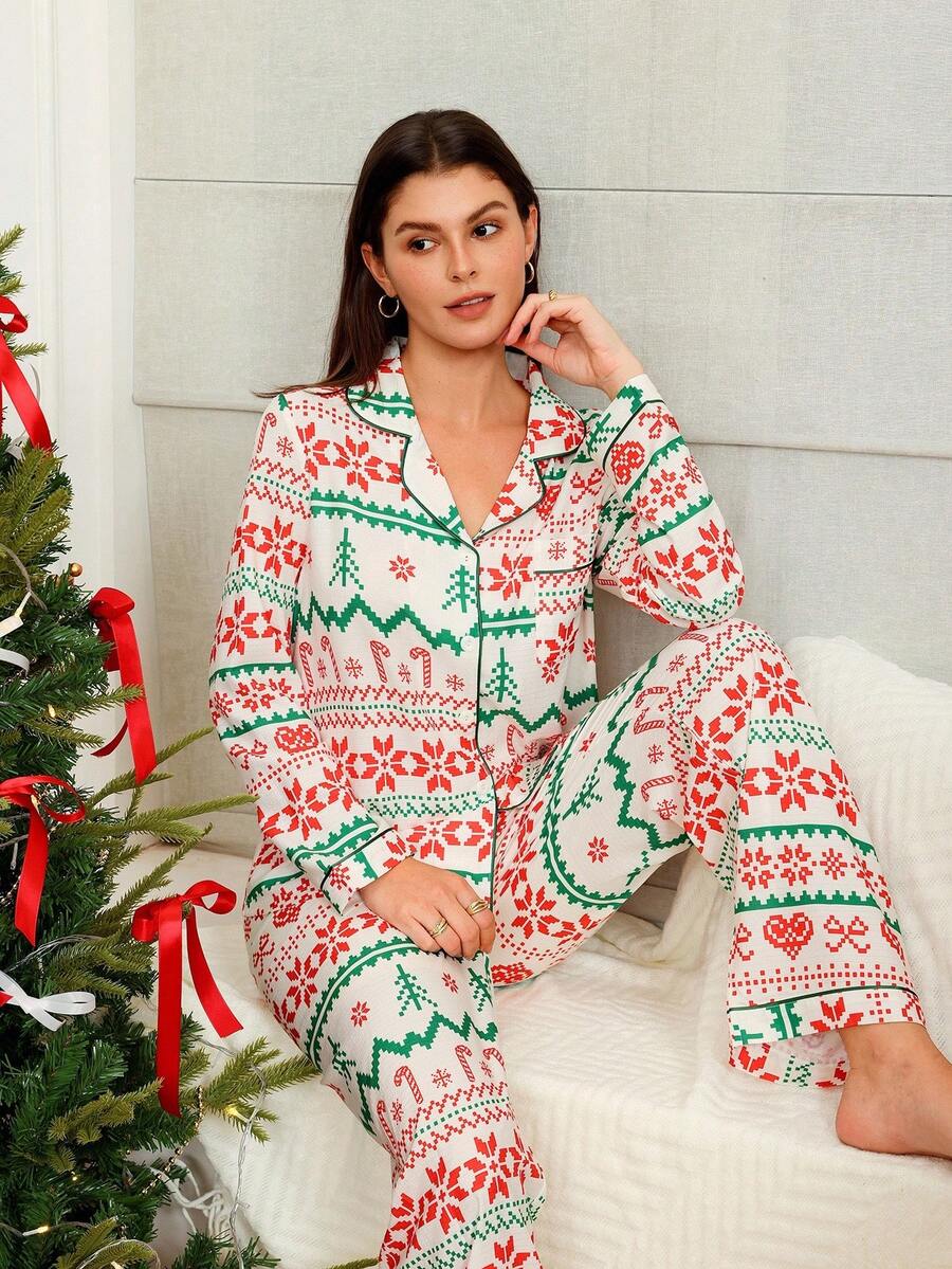 Christmas Theme Print Cardigan Collar Pajama Set Christmas Pajamas Women Lounge Sets For Women Sleepwear Women Pj Sets Christmas Pj Pajama Sets For Women Winter, Fall Clothes