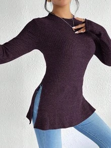 SHEIN Frenchy Solid Split Grain Fabric Round Neck Hem Ribbed Knit Tee,Fall,Fall Clothes For Women Winter Casual Spring - Violet Purple - View 3