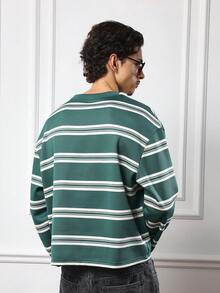 SUMWON Long Sleeve Forest Green Horizontal Striped Crew Neck T-Shirt Oversized Casual Autumn Streetwear Winter Knit Top Regular Fit - Green - View 2