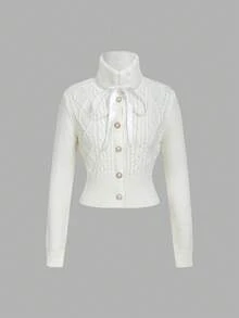 SHEIN MOD Women's Autumn/Winter Patchwork Faux Fur Collar Long Sleeve Twist Knit Tie Front Cardigan, Halloween Costum Women, Old Money Women,Winter Women,Retro For Women - White - View 1